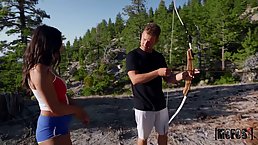 Brunette PAWG is getting nailed in the archery camp during the day and even expecting a facial