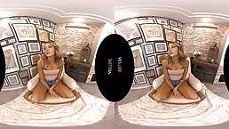 Charlotte Sins is playing with her natural tits and wet pussy during a hot VR session