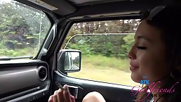 Naughty amateur brunette got into a stranger's car and played with his dick to make him cum