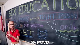 Seductive blonde schoolgirls are having sex with teachers, while they are alone in the classroom