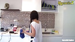 Amateur Latin brunette with long, braided hair is working as a maid and often getting fucked