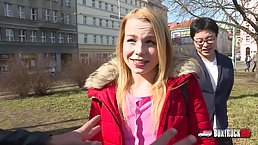 Naughty blonde cock teaser, Rebecca Black is sucking and riding dick during a casual threesome