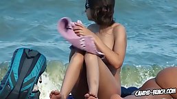 Skinny chick likes to get completely naked, on the beach and relax during the day