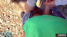 Sweet, amateur babe is giving a blowjob to a horny stranger, in the middle of the day