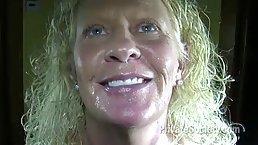 Nasty mature with blonde, curly hair is getting fucked all night long and eating loads of cum