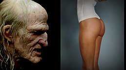 Elderly man is watching a smokin hot, blonde babe while taking off her lingerie and masturbating