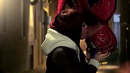 Excited babe gave a deep, sensual blowjob to Spiderman, after making out with him, for a while