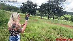 Plump brunette is sucking cock in the nature, during the day and getting fucked, from behind