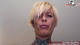 Vicky is a slutty blonde woman with short hair who likes to suck dicks and ride them