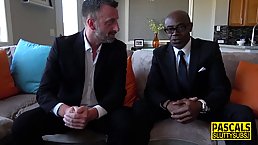 Slutty blonde was hired to keep a black businessman amused and suck his dick, if needed