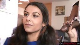 Hot, teen brunette with pigtails is about to have an interracial, mmf threesome with black neighbors