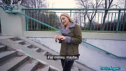 Lovely Russian blonde is giving a deep, sensual blowjob to a horny stranger, free of any charge