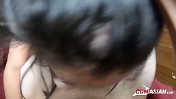 Asian brunette is deepthroating in a POV style and getting ready to eat loads of cum