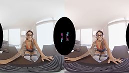 Sweet brunette with glasses is getting fucked during a wild VR session and moaning while cumming