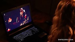 Gorgeous blonde woman is passionately making love with a handsome man, who isn't her husband