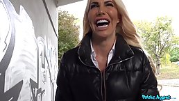 Busty blonde woman with a huge smile is getting her daily dose of fuck from her ex