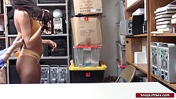 Latin brunette occasionally gets caught shoplifting and ends up having sex with a security guy