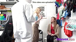 Blonde babe was caught shoplifting along with one more girl and ended up fucked, from the back