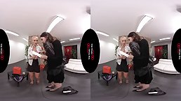 Naughty girls are having fun while taking turns riding a hard dick, during a VR session