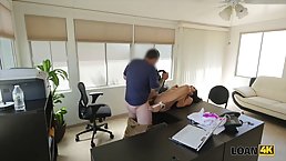 Sweet brunette is about to have sex with her boss, in his office, just for fun