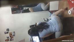 Asian chick is masturbating not knowing that someone is watching her in action and jerking off