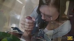 Amateur babe is playing with a rock hard dick in the bowling place, just for fun