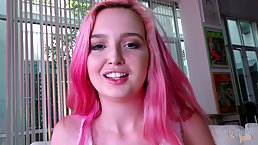 Delightful gal with pink hair is taking off her clothes, to have sex with her step- brother