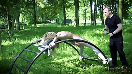 Kinky, blonde teen likes to be tortured in the nature, before she even starts sucking cock