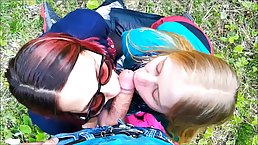 Two random girls got down on their knees in front of a stranger and sucked his cock