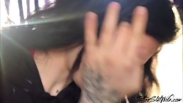 Naughty, amateur brunette gave a deep, sensual blowjob to a stranger, in the back of a bus