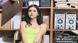 Once she was caught shoplifting, sweet teen brunette decided to have sex with a security guy