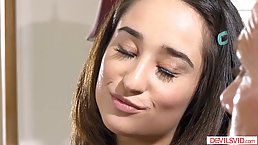 Sweet teen brunette is sucking her neighbor's stiff cock, while his wife is out of town