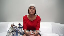 Busty, amateur brunette is riding a stiff dick during a porn video casting and really enjoying it
