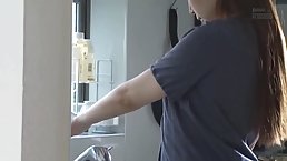 Japanese husewife is secretly pleasing one of her husband's friends, while they are alone at home