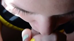 Amateur babe is sucking a rock hard dick in a POV style, to make her neighbor cum