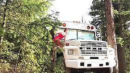 Slender redhead is about to lift her dress and masturbate on the truck, until she cums