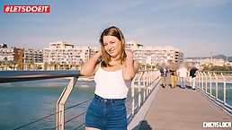 Lovely, teen brunette is sucking a hard dick in a public place and getting fucked good