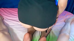 Slutty girl in black fishnets is wearing glasses while sucking dick, to look more nerdy