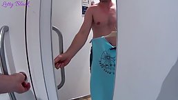 Naughty babe is sucking a handsome guy's dick n the fitting room and expecting to get fucked
