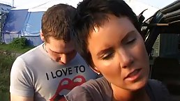Short haired, Swedish brunette, Anna is having sex in a public place, with a random guy