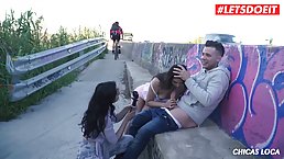 Flirty, Latin babe with small tits is riding a rock hard dick in a public place