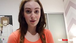 Slutty brunette is about to give a blowjob to her step- brother and make him cum