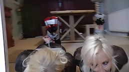 Two beautiful blondes got restrained with duct tape and left on the floor, next to each other