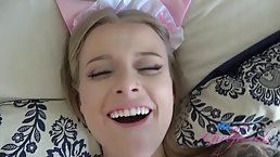 Experienced blonde is giving a footjob to a friend and getting fucked in the ass