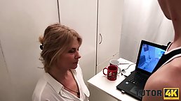 Mature blonde woman is giving a blowjob to her step- son and then having sex with him
