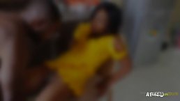 Beautiful, Ebony girl in a yellow dress is eager to have sex with her ex