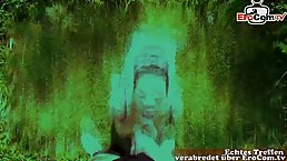 Busty German slut is fucking a tattooed stranger, in a local park, during the day