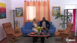 Marina is a slutty blonde woman with a heavily pierced pussy, who likes interracial anal sex