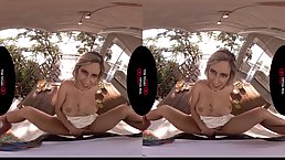 Horny blonde is rubbing her soaking wet pussy in VR and spreading up to get fucked