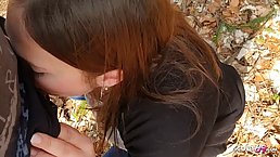 Busty babe is sucking cock and eating cum in the nature, in the late afternoon